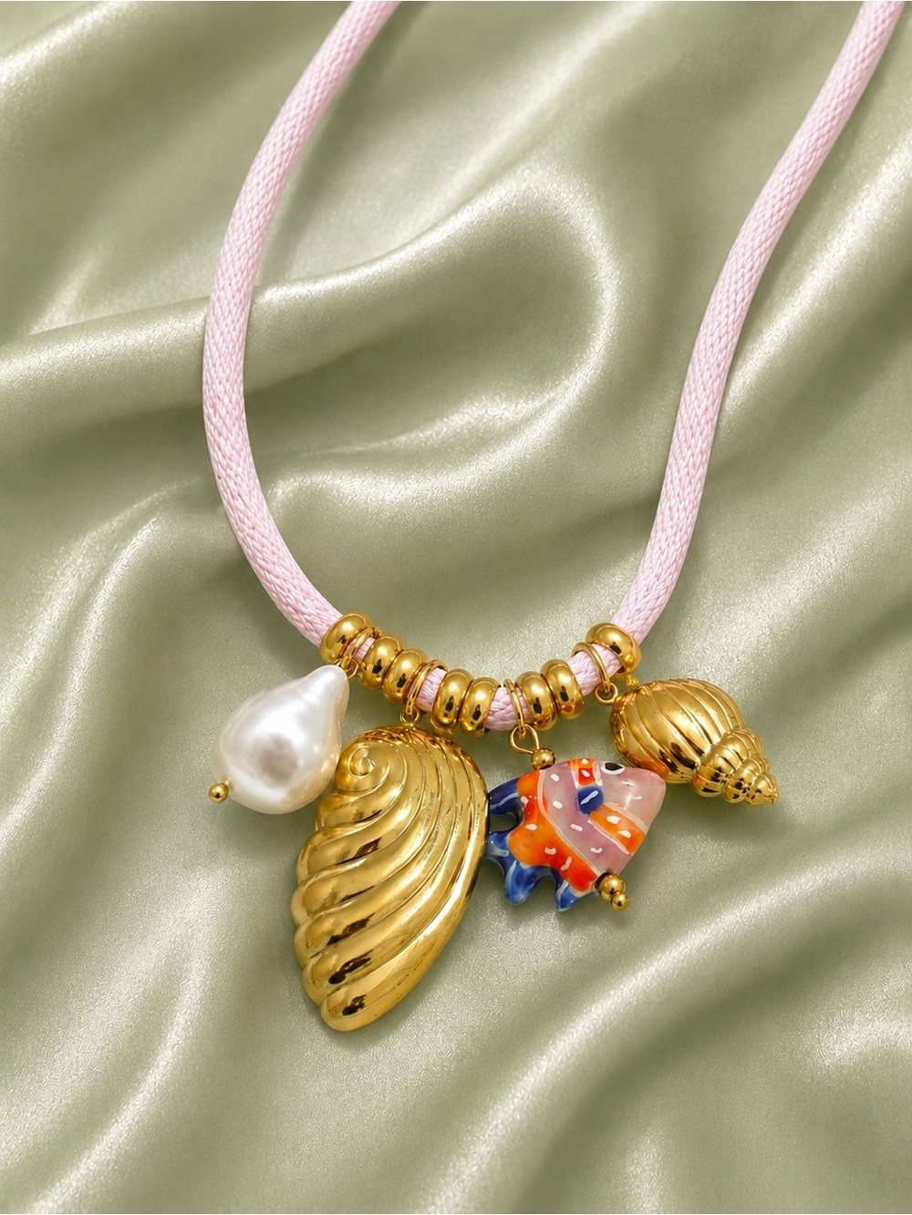Sea Coastal Charms Pink Cord Necklace
